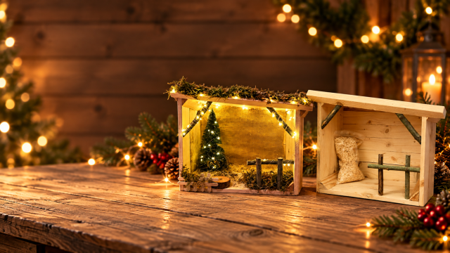 Crèches de Noël artisanales en bois naturel avec éclairage décoratif