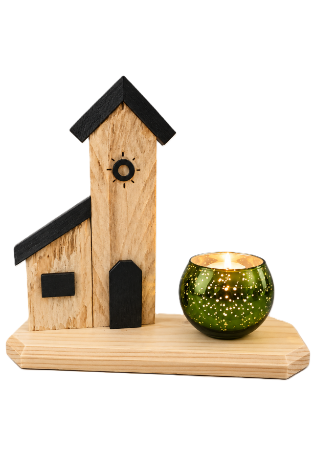Église décorative en bois avec photophore vert