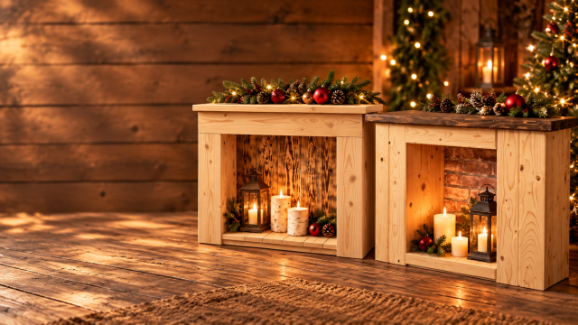 Fausses cheminées décoratives en bois pour une décoration de Noël chaleureuse