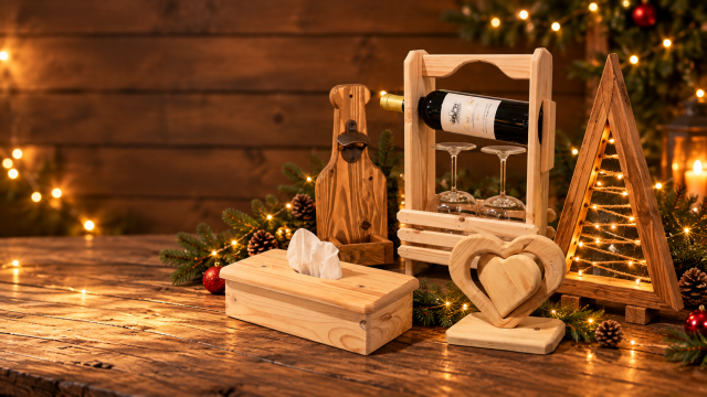 Idées de cadeaux artisanaux en bois : cœur, porte-bouteille et objets décoratifs