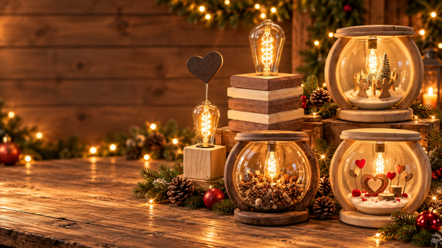 Lampes décoratives artisanales en bois avec lumière chaleureuse pour Noël