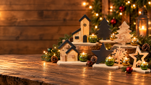Photophores de Noël en bois avec maisons, sapins, étoiles et supports de bougies