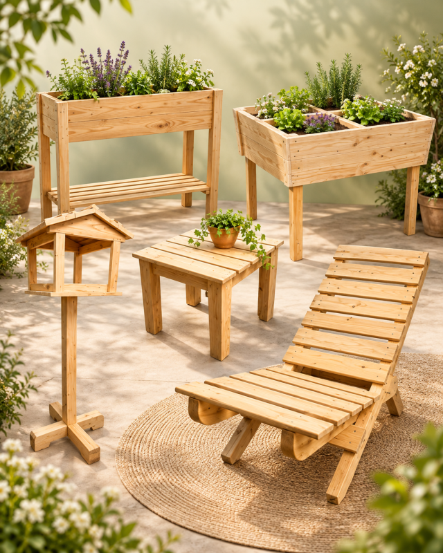 Mobilier de jardin en bois : jardinières sur pieds, bac potager, mangeoires, table et transat