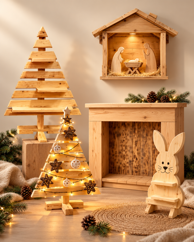 Décorations de fêtes en bois : sapins, crèche, cheminée décorative et lapin artisanal APNBois