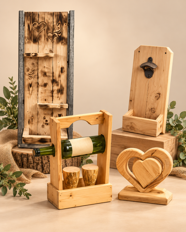 Objets de décoration en bois revalorisé : étagère rustique, porte-bouteille, cœur et décapsuleur