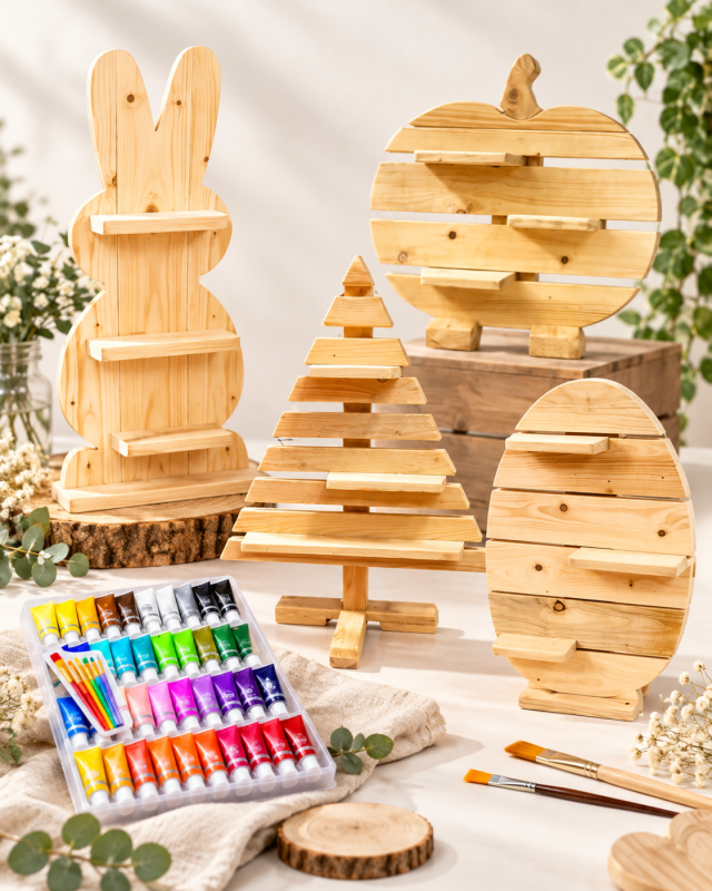 Kits créatifs à peindre : formes en bois, sapins, lapin, décorations et coffret de peinture