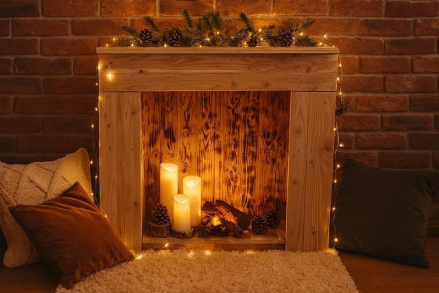 Cheminée décorative de Noël en bois, ambiance chaleureuse et festive pour décorer le salon et surprendre vos invités pendant les fêtes