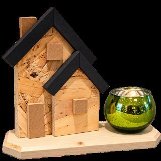 Duo de maisonnettes décoratives en bois naturel aux toits noirs avec photophore vert sur socle en bois