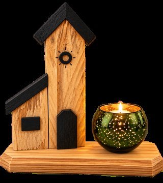 Église décorative en bois naturel aux toits noirs, avec photophore vert sur socle en bois
