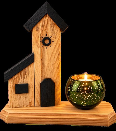 Église décorative en bois et photophore vert