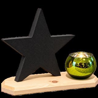 Étoile noire décorative en bois sur socle clair avec photophore en verre vert présenté à titre illustratif