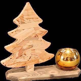 Sapin décoratif en bois à copeaux apparents posé sur un socle rustique avec photophore rond en verre doré à titre illustratif
